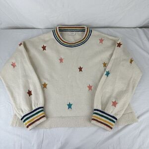 Storia Women's Cream Embroidered Star Balloon Sleeve Sweater Sz M Anthropologie